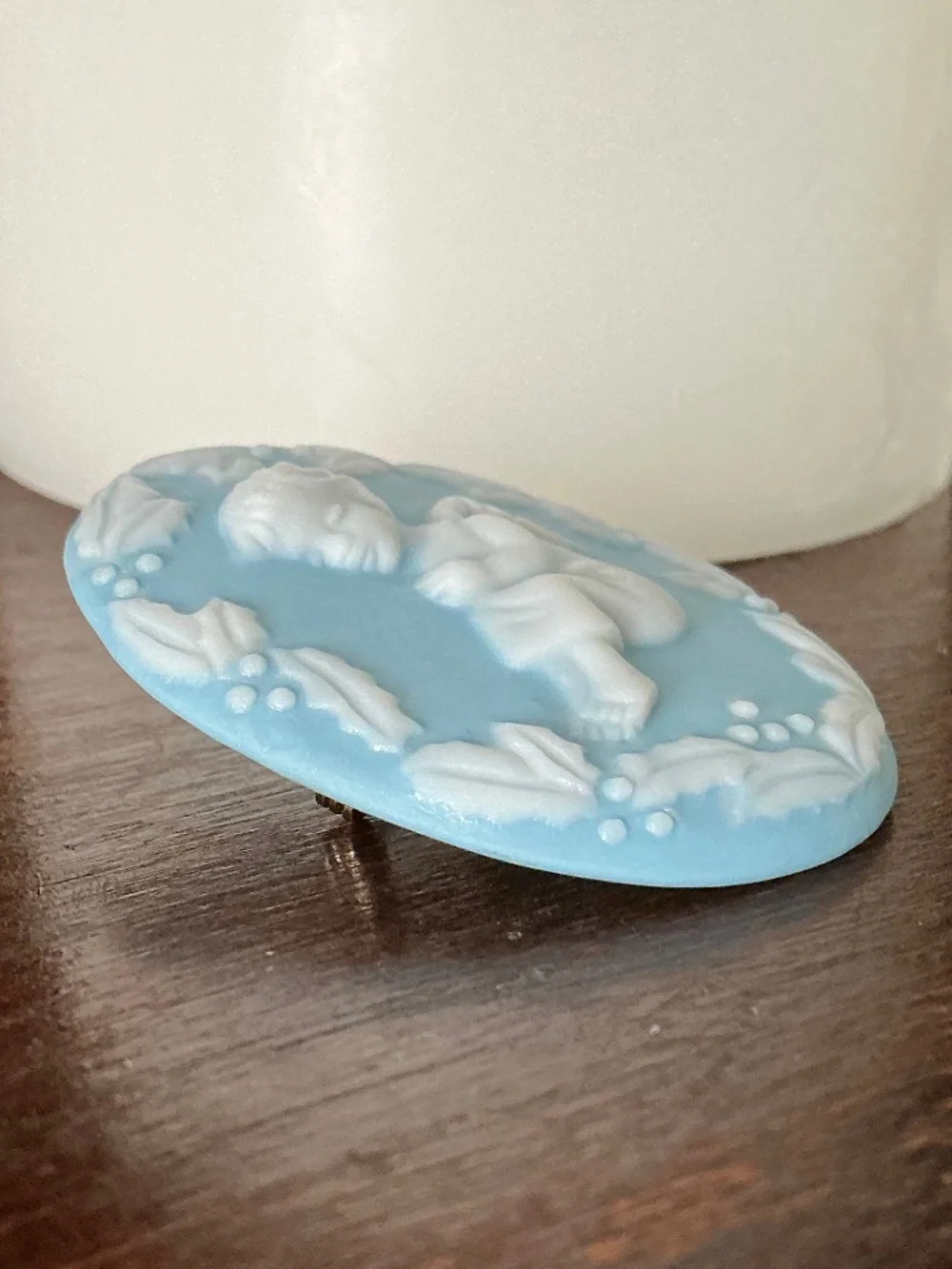 Vintage KD Signed Jasperware Style Brooch Blue White Sleeping Baby Angel Cherub